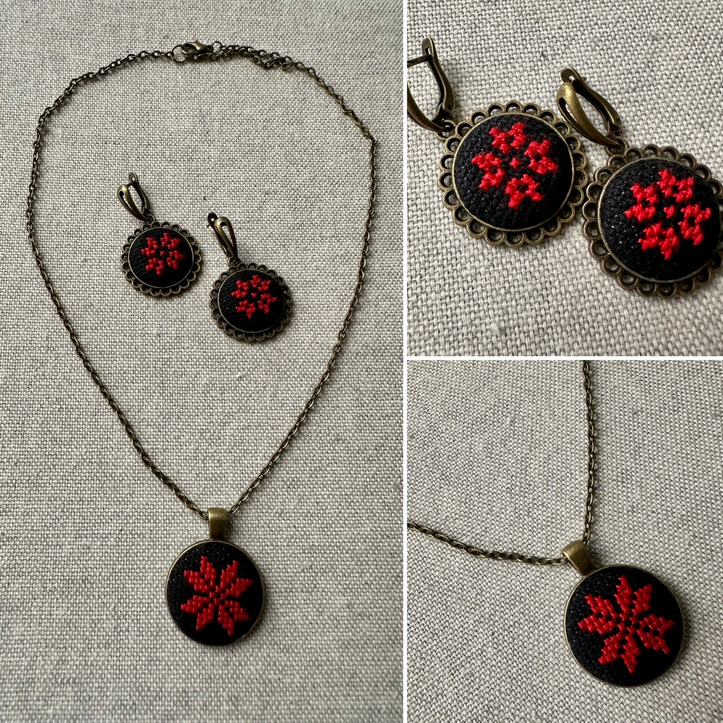 Juego de Collar y Aretes | Bordado | Rojo & Negro