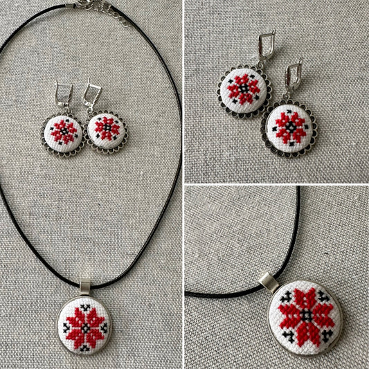 Juego de Collar y Aretes | Bordado | Rojo & Blanco