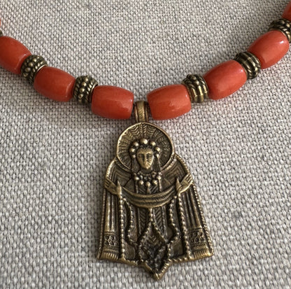 Collar de coral y jasper natural con Zgarda "Virgen María"| UA Market®