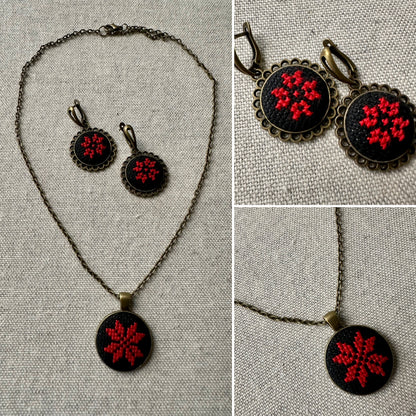 Juego de Collar y Aretes | Bordado | Rojo & Negro